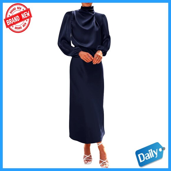 Satin Mock Neck Maxi Dress Elegant Formal Wedding Party Cocktail Wear